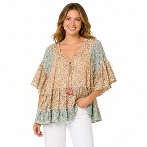Gigio Mixed Floral Tiered Tunic Women Size S Sage Green‎ Boho Cottagecore